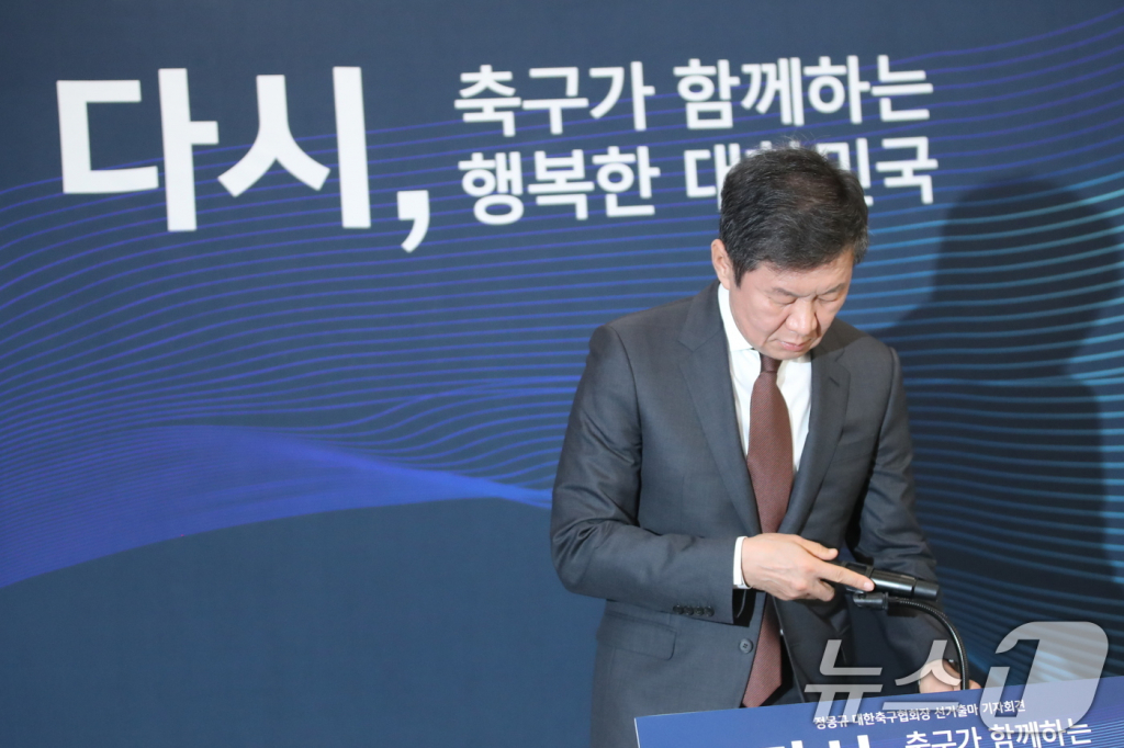 4선 출마 기자회견 시작 전 마이크를 잡는 정몽규 회장. /사진=뉴스1