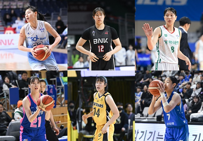 올 시즌 WKBL 1라운드 지명자. 왼쪽 위부터 시계방향으로 신한은행 홍유순, BNK 김도연, 하나은행 정현, 우리은행 이민지, KB스타즈 송윤하, 삼성생명 최예슬. /사진=WKBL 제공