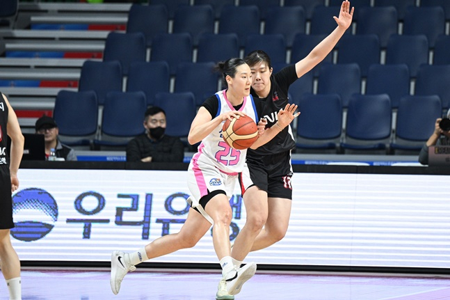 BNK 김도연(오른쪽)이 배혜윤을 수비하고 있다. /사진=WKBL 제공