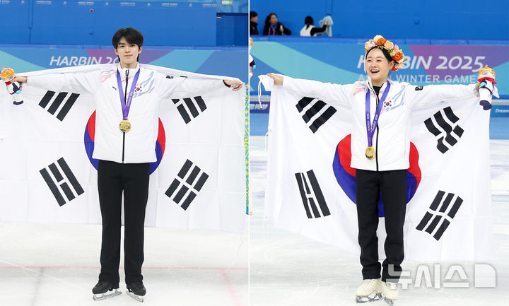 지난 13일(한국시간) 중국 하얼빈 헤이룽장 빙상훈련센터에서 열린 2025 하얼빈 동계 아시안게임 남녀 피겨스케이팅 싱글 각 종목에서 김채연(오른쪽)과 차준환이 각각 금메달을 차지했다. /사진=뉴시스