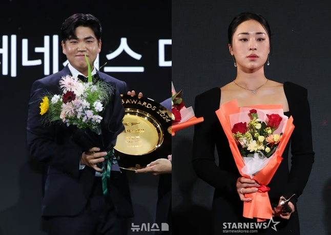 지난해 KPGA와 KLPGA 대상을 수상한 장유빈(왼쪽)과 윤이나. /사진=뉴시스, 김진경 대기자