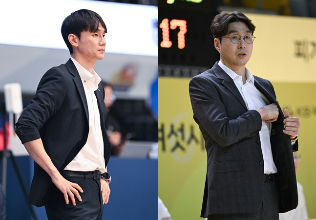 신한은행 이시준 감독대행(왼쪽)과 KB스타즈 김완수 감독. /사진=WKBL 제공