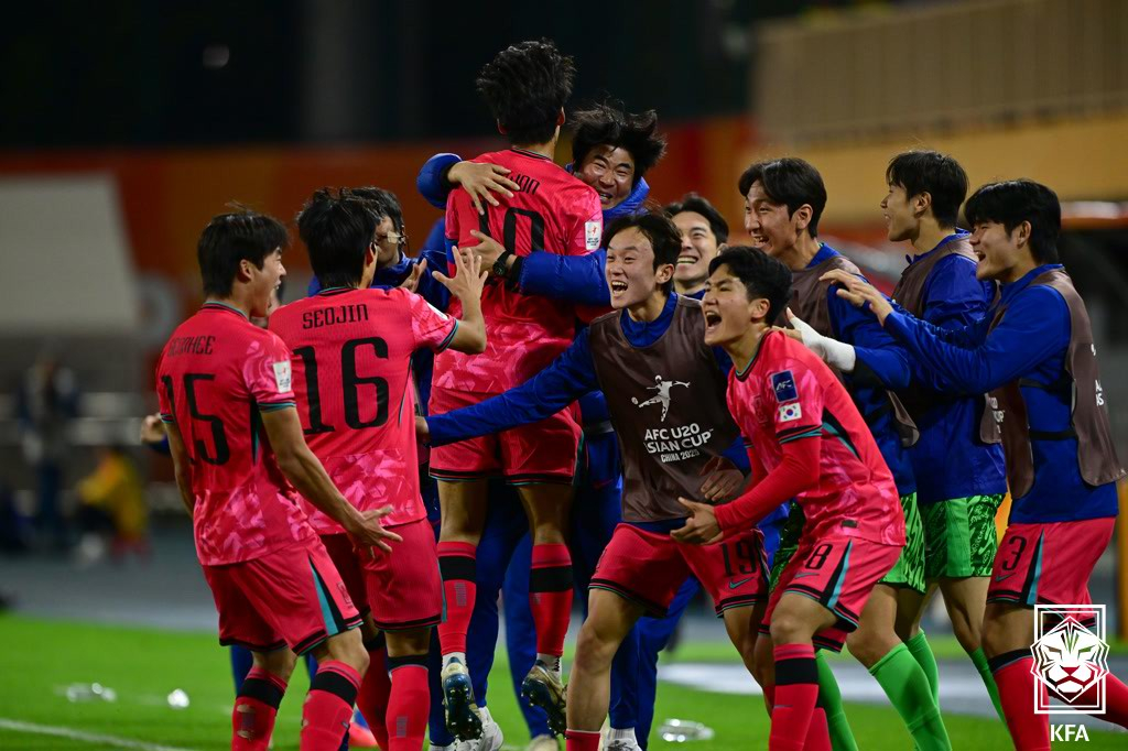 U-20 대표팀 선수들이 득점 후 기뻐하고 있다. /사진=대한축구협회(KFA) 제공