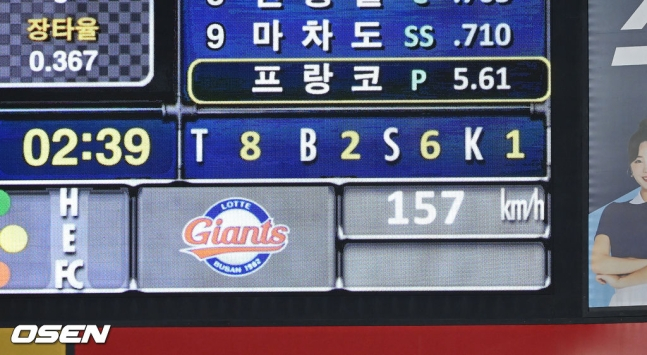 야구장 전광판에 표출되는 구속 정보. 