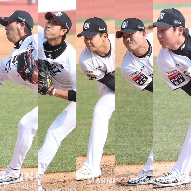 KT 위즈 불펜진이 역투하고 있다. 왼쪽부터 우규민, 김민수, 손동현, 문용익, 이상동. /사진=김진경 대기자