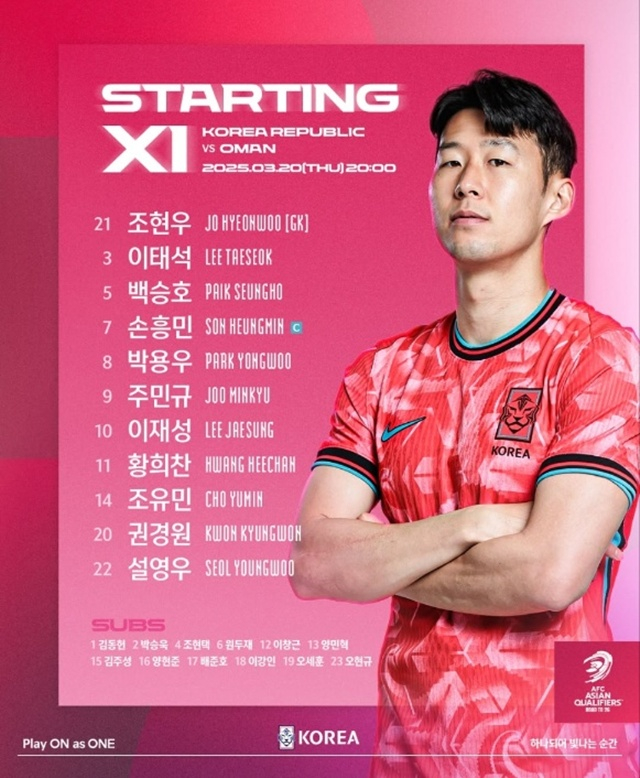 한국 축구대표팀의 오만전 선발 명단. /사진=대한축구협회 SNS