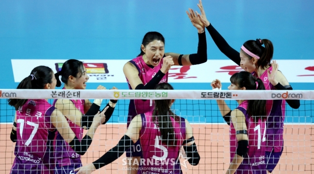김연경(가운데)이 득점 후 동료들과 하이파이브를 하고 있다. /사진=김진경 대기자