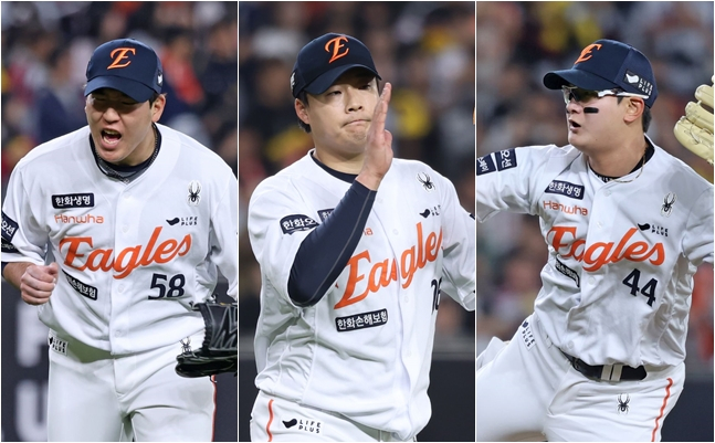 7회부터 9회까지 완벽하게 1이닝씩을 막은 박상원(왼쪽부터), 한승혁, 김서현. /사진=한화 이글스