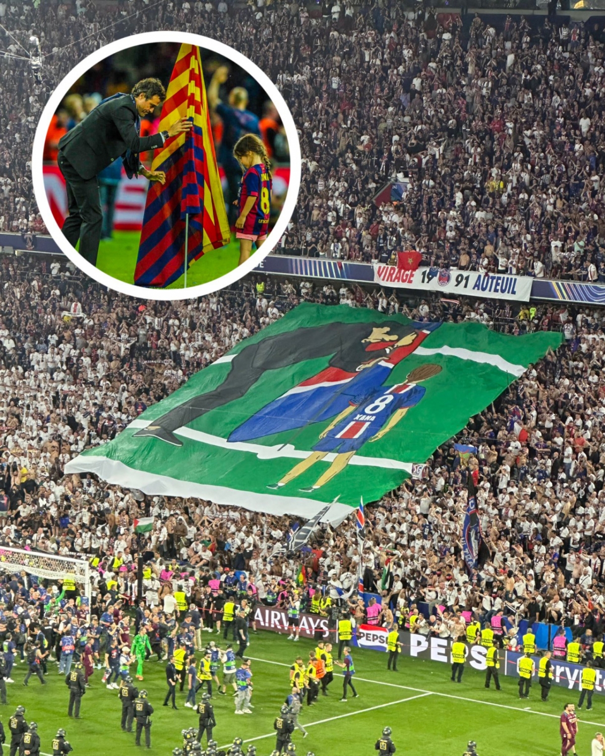 1일(한국시간) 독일 뮌헨의 알리안츠 아레나에서 열린 파리 생제르맹(PSG)과 인터밀란의 2024~2025 유럽축구연맹(UEFA) 챔피언스리그 결승전 직후 PSG 서포터스가 루이스 엔리케 감독과 6년 전 세상을 떠난 사나가 PSG 깃발을 경기장에 꼽는 모습을 그린 대형 통천을 펼쳐보이고 있다. 왼쪽 상단 원 사진은 2015년 바르셀로나의 UCL 우승 시절 당시 깃발을 꼽고 있는 엔리케 감독과 사나의 모습. /사진=유로풋 SNS 캡처