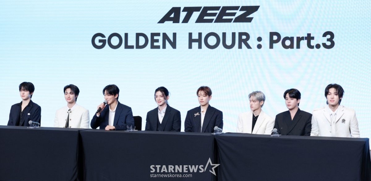 그룹 에이티즈가 12일 서울 마포구 호텔 나루 서울 엠갤러리에서 진행된 미니 12집 'GOLDEN HOUR : Part.3' 발매 기념 기자간담회에서 질의응답을 하고 있다. /2025.06.12 /사진=김휘선 hwijpg@