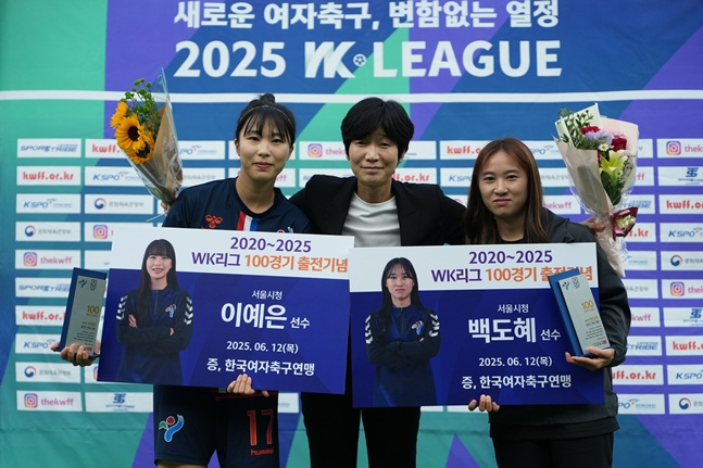 서울시청 이예은(왼쪽)과 백도혜(오른쪽)가 100경기 출전 기념 행사를 하고 있다. /사진=한국여자축구연맹