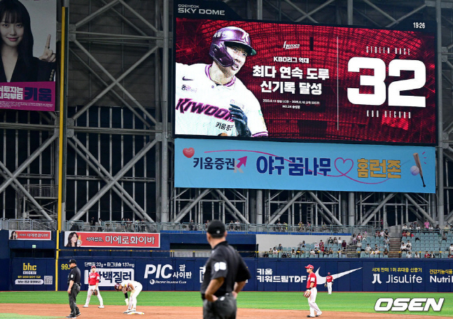 3회말 송성문이 32연속 도루를 성공시키고 있다.