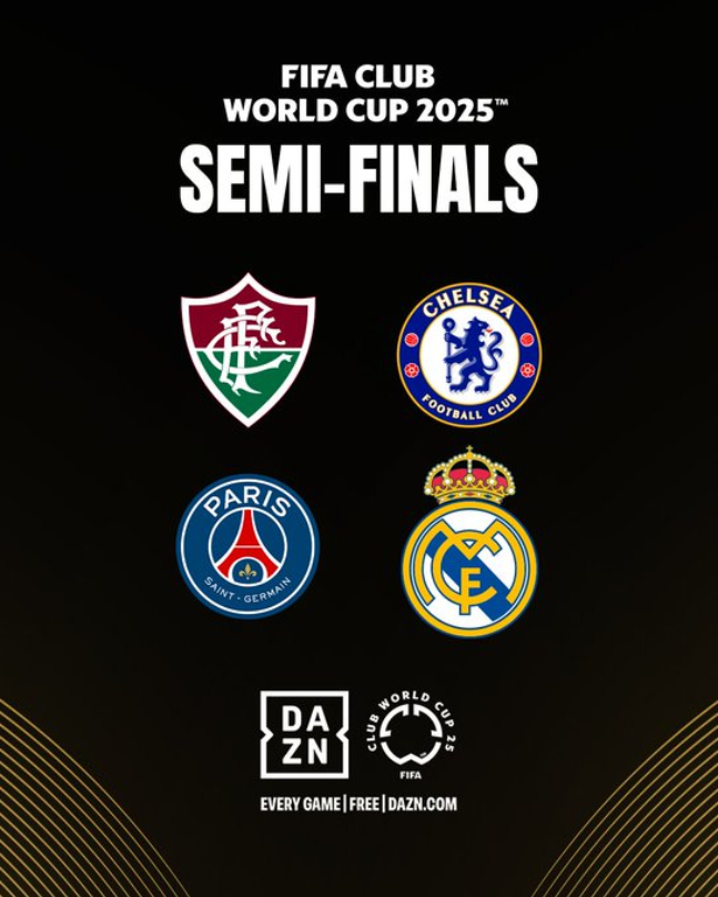 2025 국제축구연맹(FIFA) 클럽 월드컵 준결승(4강) 진출팀 엠블럼. 왼쪽 위부터 시계방향으로 플루미넨시, 첼시, 레알 마드리드, 파리생제르맹. /사진=FIFA 클럽 월드컵 공식 SNS 캡처