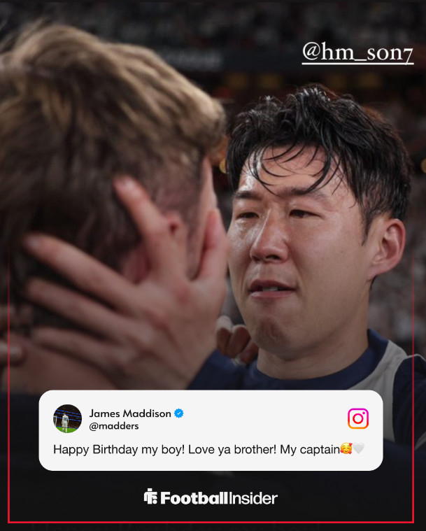 제임스 매디슨이 지난 8일(한국시간) 자신의 소셜미디어(SNS)에 "손흥민 생일 축하해 형제여, 사랑한다 나의 캡틴"이라는 글을 남겼다./사진=풋볼 인사이더 갈무리