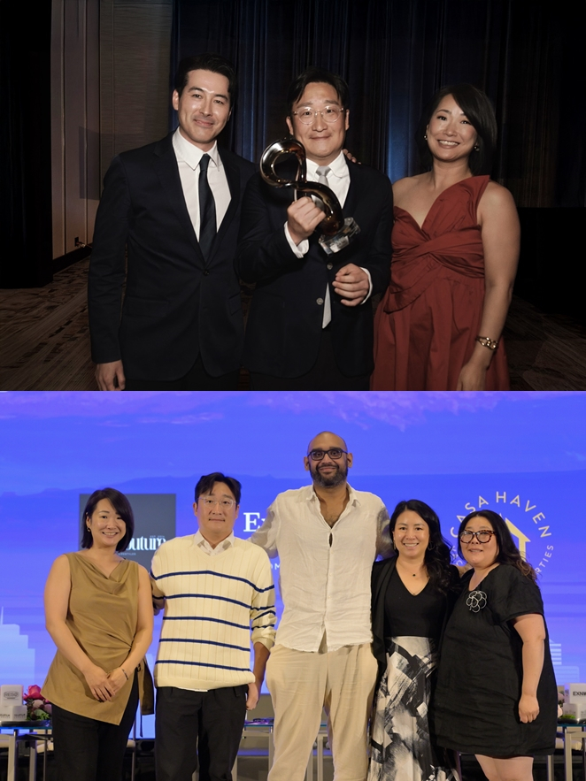 위 - (왼쪽부터) 써드컬처컨텐츠주식회사 션 리차드 대표, SLL 박준서 제작부문대표, RESO 한나 조 디렉터 아래 - (왼쪽부터) RESO 한나 조 디렉터, SLL 박준서 제작부문대표, 골드핀치 인터내셔널 저스틴 디먼 매니징 파트너, 마넷, 펠프스 앤 필립스 소피아 옌 변호사, 필랑고 프로덕션 사라 김 하스 창업자 /사진 제공=EXNW 2025