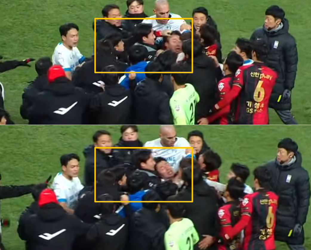 지난 2023년 11월 FC서울과 수원 삼성의 슈퍼매치 당시 고승범의 머리채를 잡아당긴 고요한. /사진=중계화면 캡처