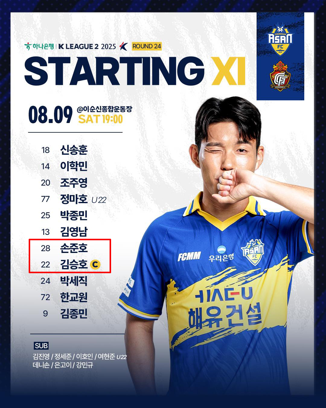 지난 9일 이순신종합운동장에서 열린 경남FC전 충남아산 선발 라인업. 주장으로 발표됐던 손준호 대신 부주장 김승호가 주장 역할을 맡았다. /사진=충남아산 SNS 캡처