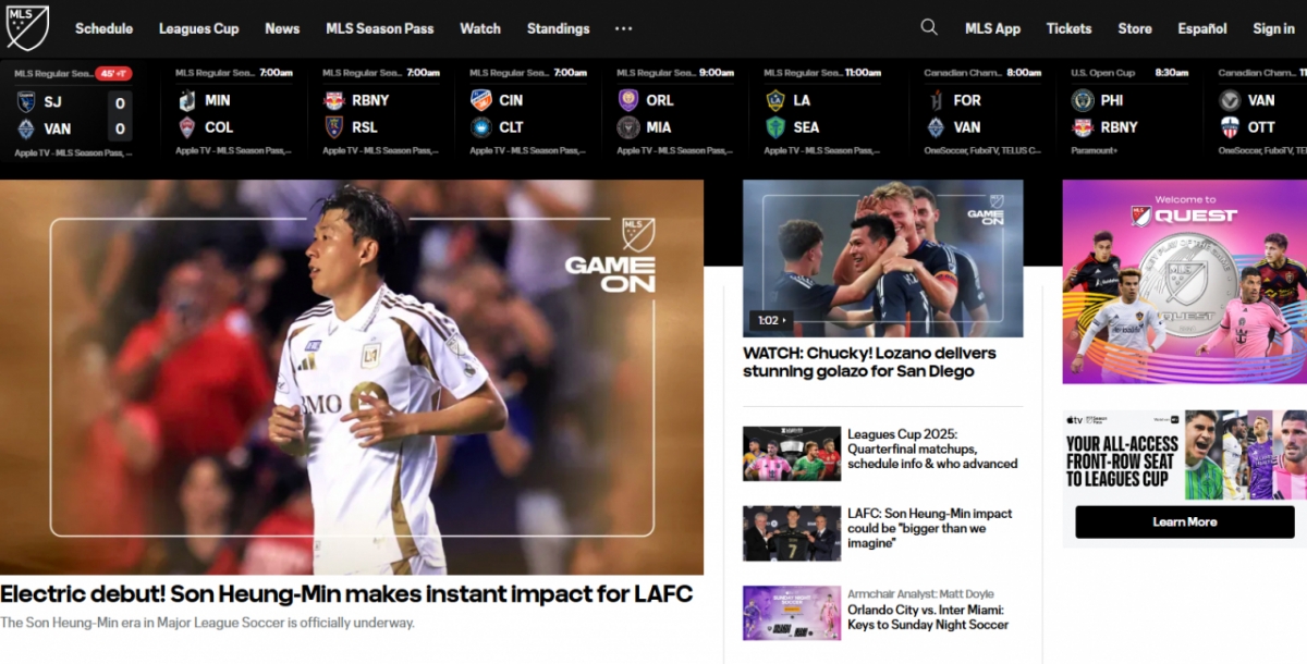 로스앤젤레스(LA)FC 손흥민이 10일 시카고 파이어전을 통해 미국 프로축구 메이저리그사커(MLS) 데뷔전을 치르자 MLS 공식 홈페이지 메인에 소개됐다. /사진=MLS 홈페이지 캡처