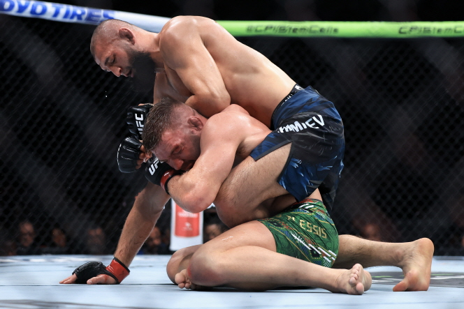 함자트 치마예프(위)가 그라운드 싸움 우위를 점하고 있다. /사진=UFC 제공