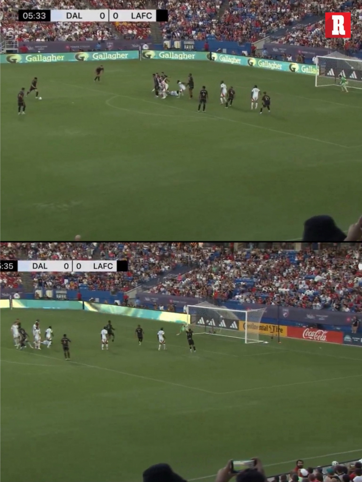 로스앤젤레스(LA)FC 손흥민(오른쪽)이 24일 미국 텍사스주 댈러스의 도요타 스타디움에서 열린 FC댈러스와의 2025 미국 프로축구 메이저리그사커(MLS) 28라운드에서 골을 터뜨리는 순간. /사진=디아리오 헤코르드 SNS 캡처