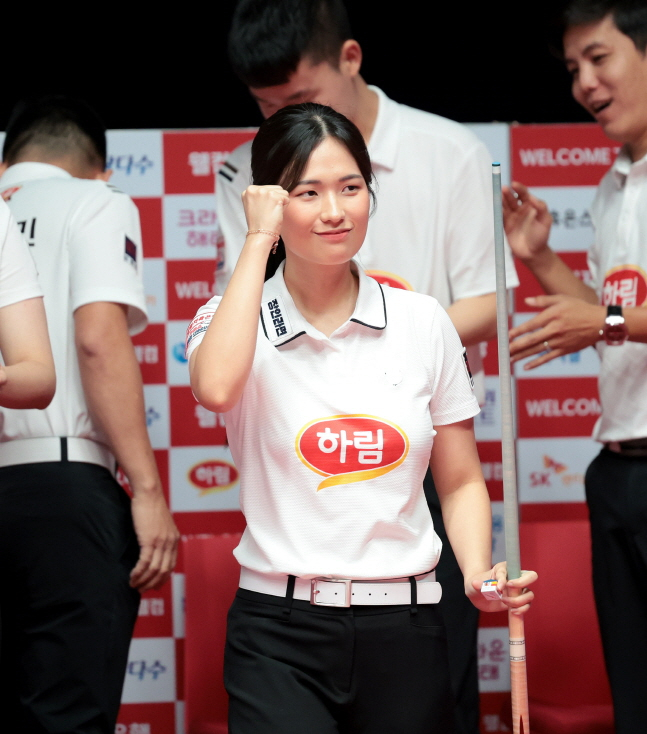 득점 후 기뻐하는 박정현. /사진=PBA 팀리그 제공