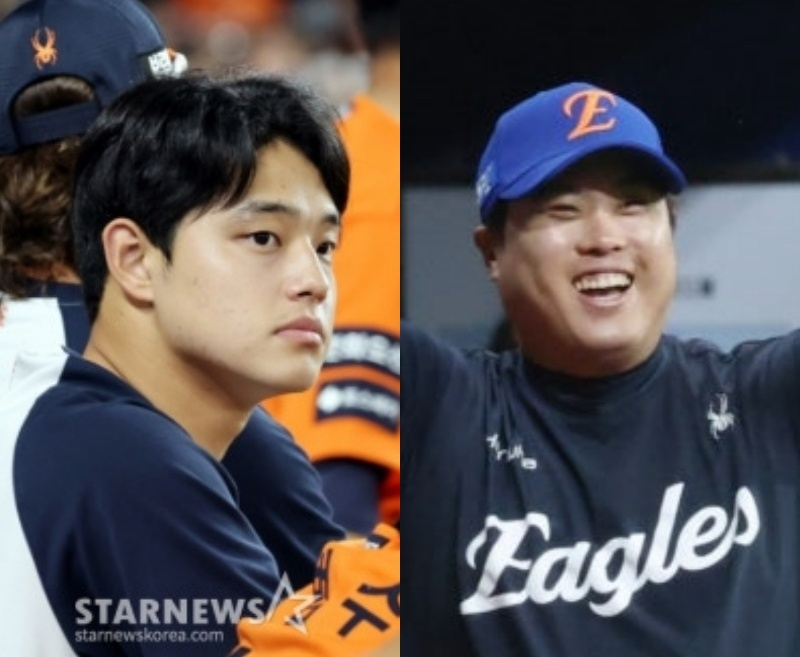 한화 문동주(왼쪽)와 류현진. /사진=김진경 대기자, 강영조 선임기자