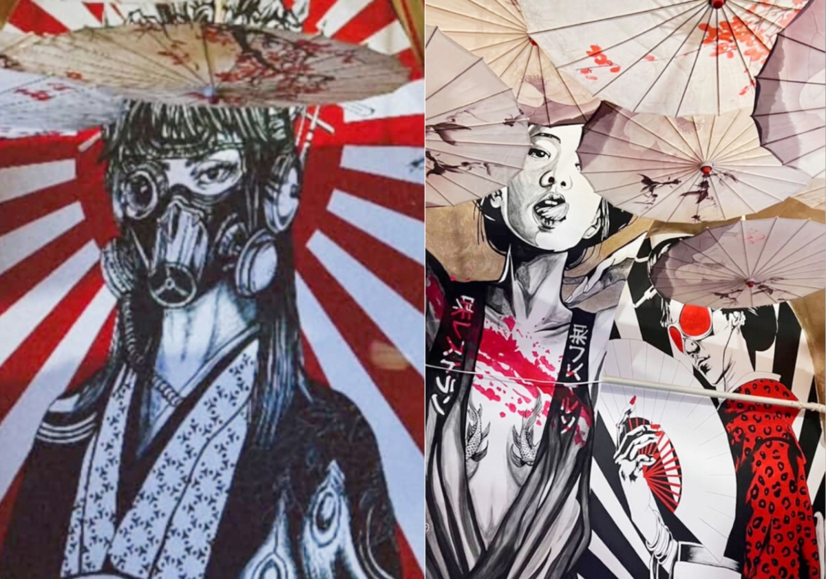 최근 루마니아 클루지 나포카에 오픈한 한식당 내부에 일본식 인테리어와 욱일기가 그려져 있는 모습 /사진제공=서경덕 교수