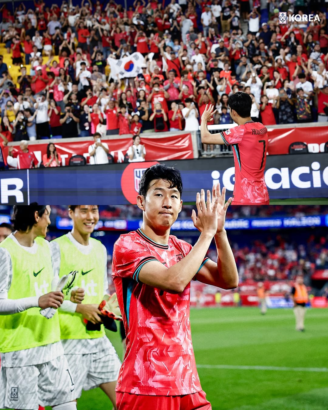 축구 대표팀 주장 손흥민이 지난 7일 미국과의 친선경기 승리 후 관중석을 돌며 인사하고 있다. /사진=대한축구협회 SNS 캡처