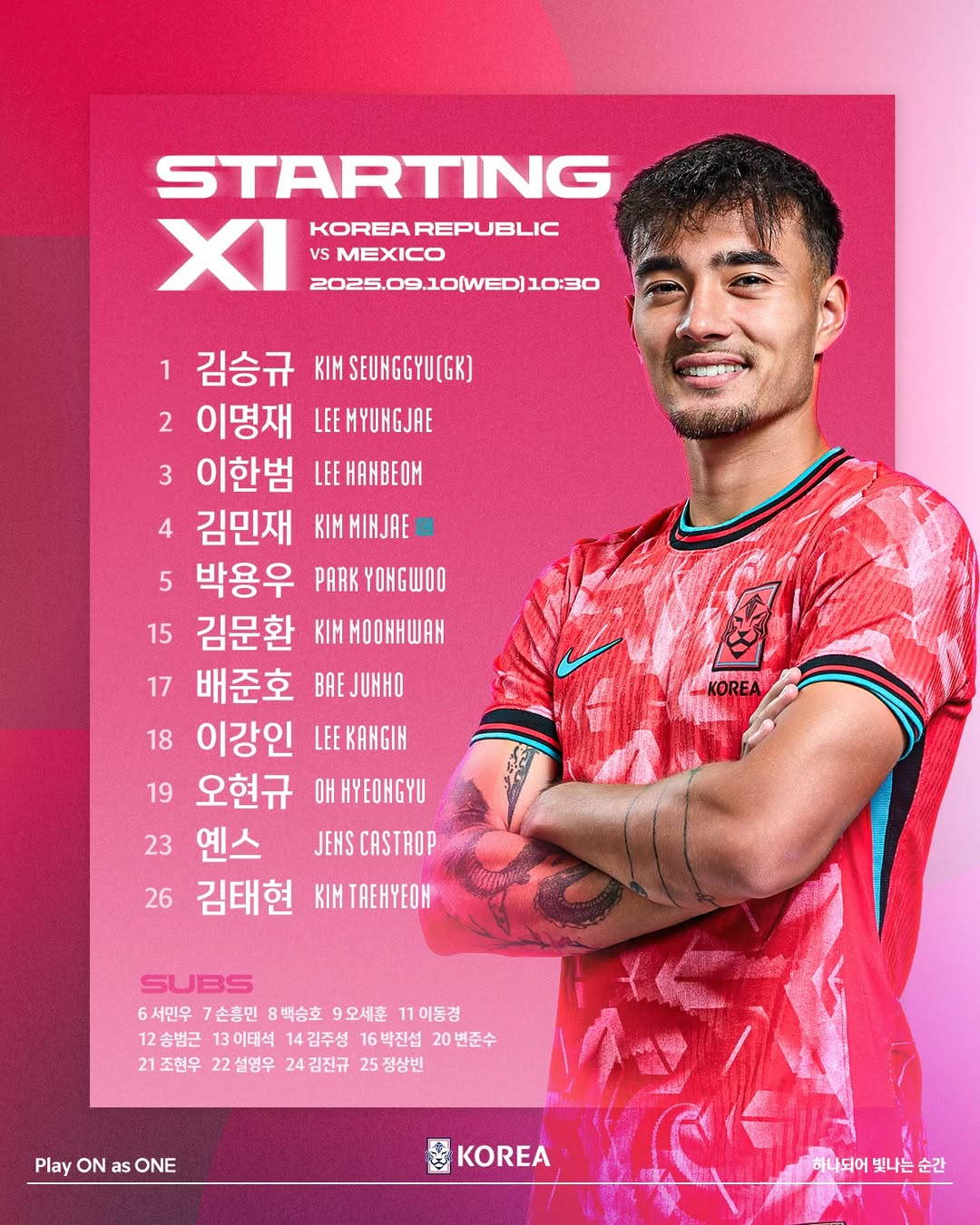 대한민국 축구대표팀 미국전 선발 라인업. /사진=대한축구협회 SNS 캡처