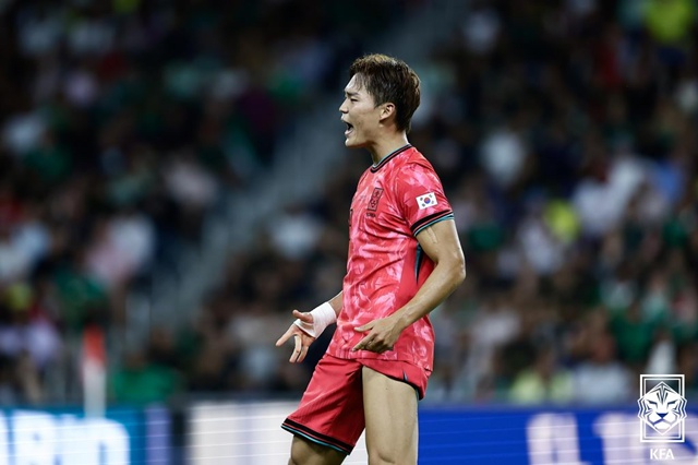 오현규의 골 세리머니. /사진=대한축구협회 제공
