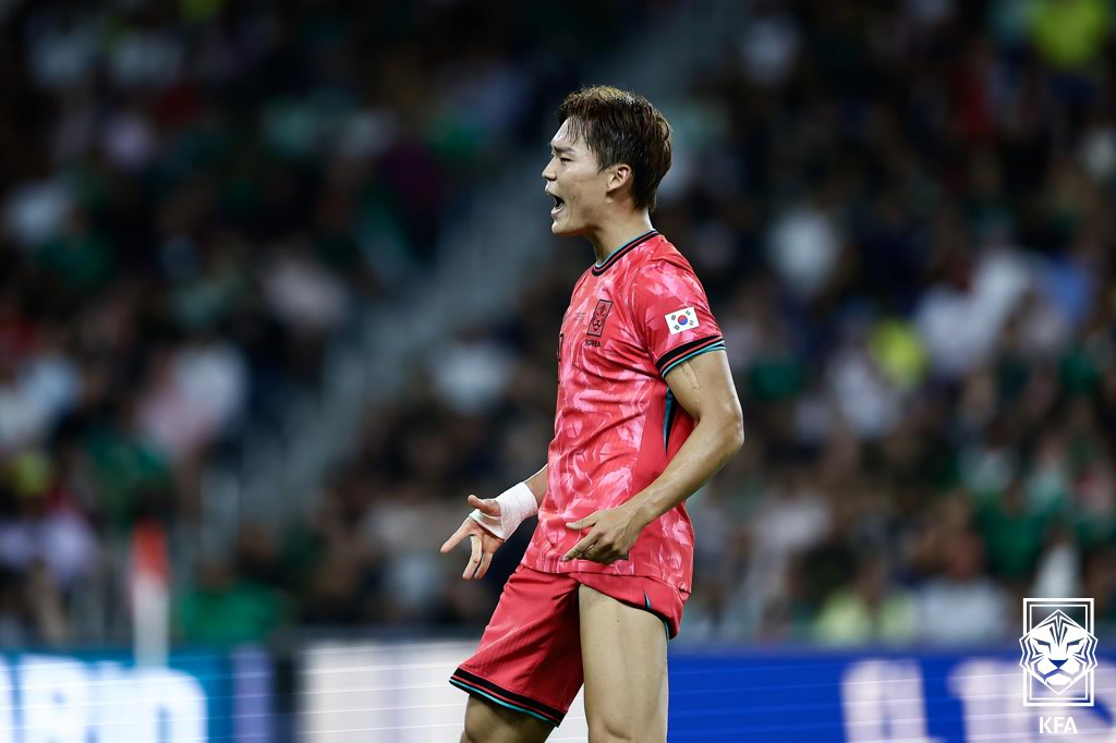 대한민국 축구대표팀 공격수 오현규가 10일 미국 테네시주 내슈빌의 지오디스파크에서 열린 멕시코전에서 골을 터뜨린 뒤 골 세리머니를 하고 있다. /사진=대한축구협회 제공