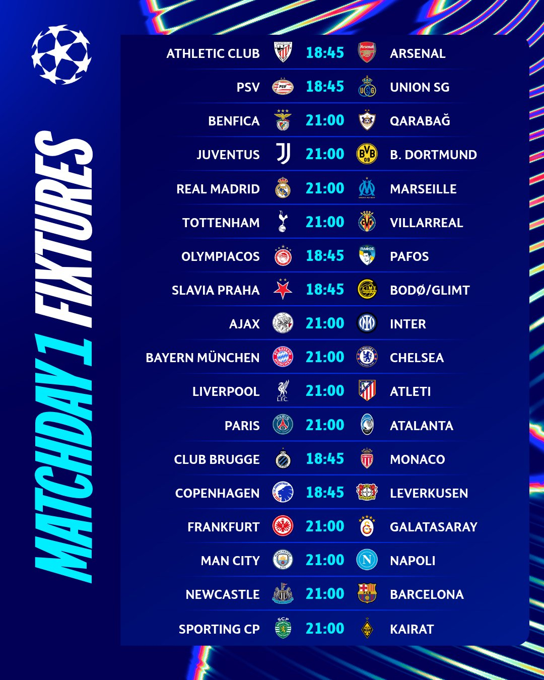 2025~2026시즌 UCL 리그 페이즈 1차전 일정(현지시간 기준). /사진=UEFA SNS 캡