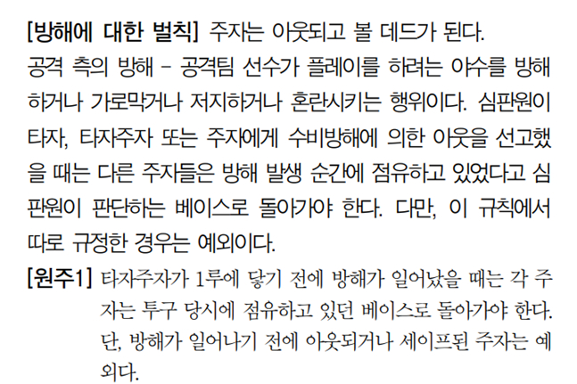 야구규칙 6.01(방해, 업스트럭션) [방해에 대한 벌칙] 조항. /사진=KBO 홈페이지 갈무리 